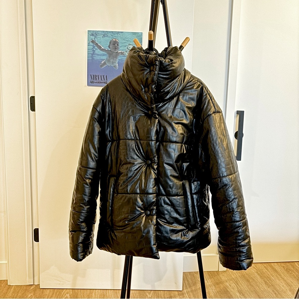 NANUSHKA Hide Croc Print Quilted Padded Vegan Leather Jacket Coat Black Size M